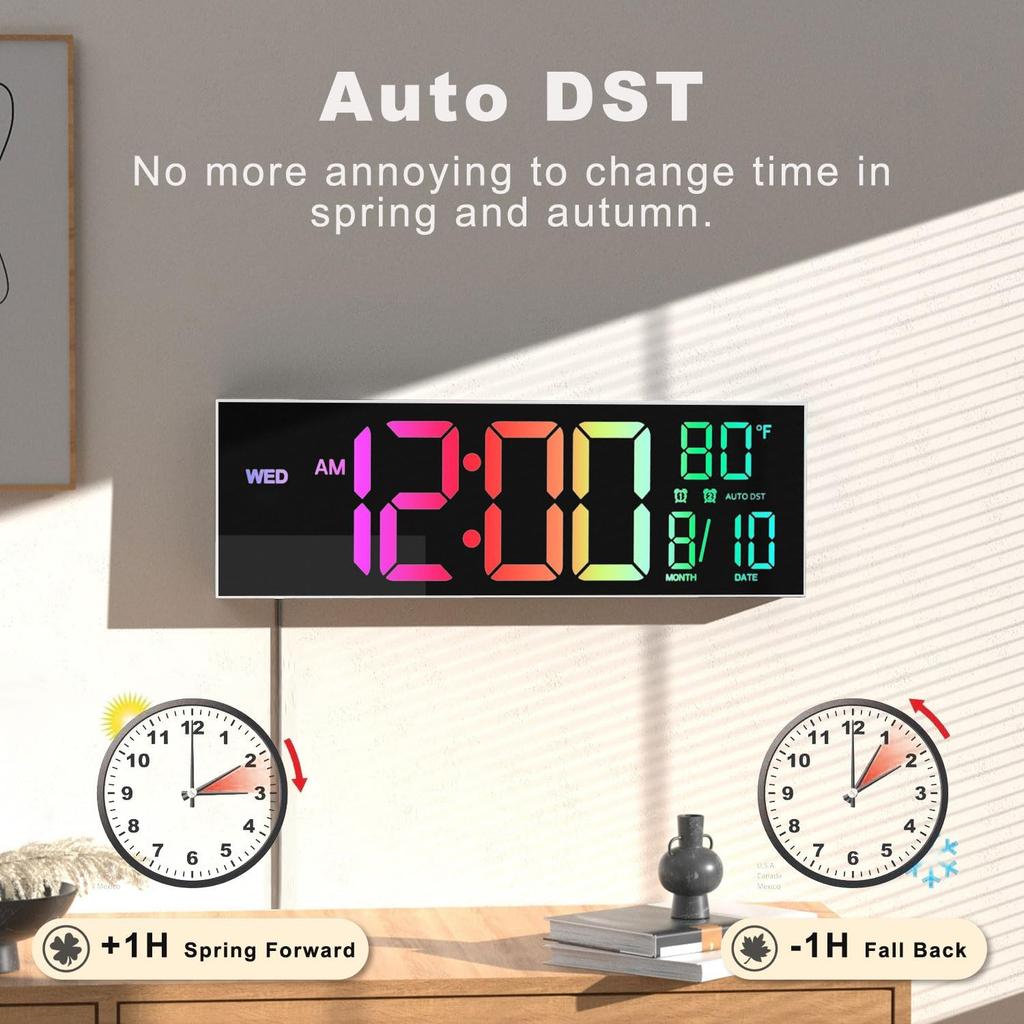JALL 16" Large Digital Wall Mount Clock, Count Down Timer, Alarm, Big LED, 8 RGB Color, DST, Temperature for Living Room Classroom Desk, Xmas,