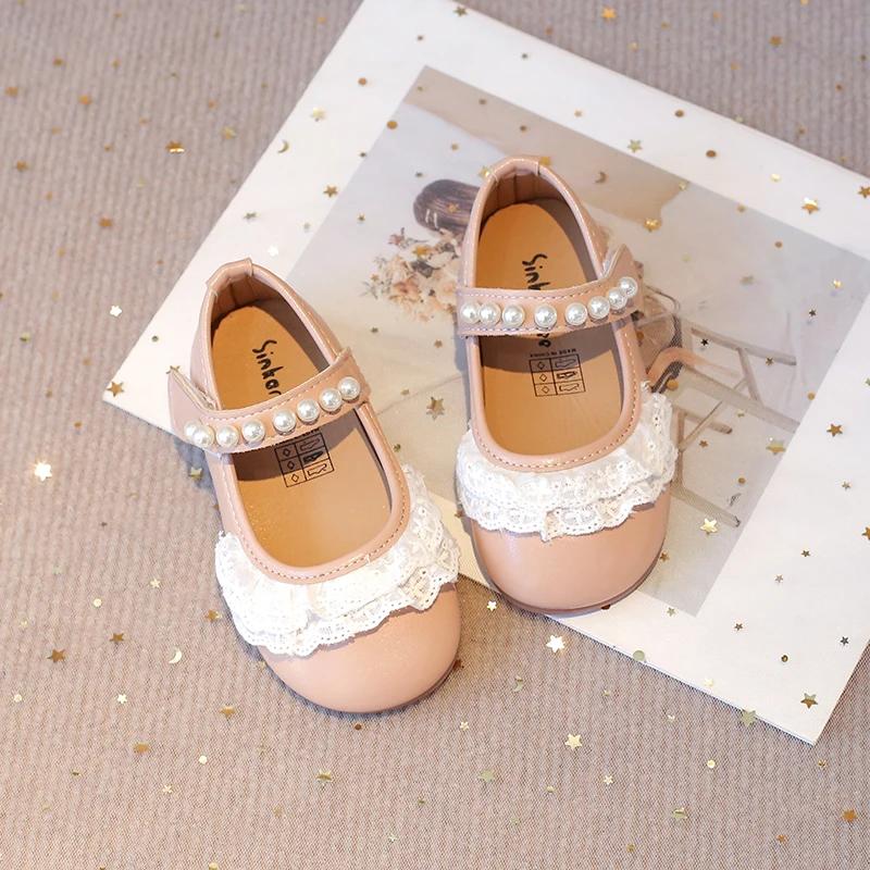 Little Girls Flats with Lace Beading 2025 Spring Autumn Brand New Soft Sweet Princess Kids Leather Shoes for Wedding Party Cute