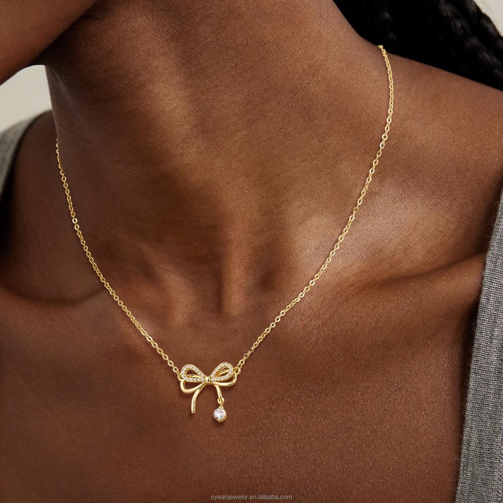 Glossy Bow Zircon Pendant Necklace with Brass Gold Tone Chain for Women