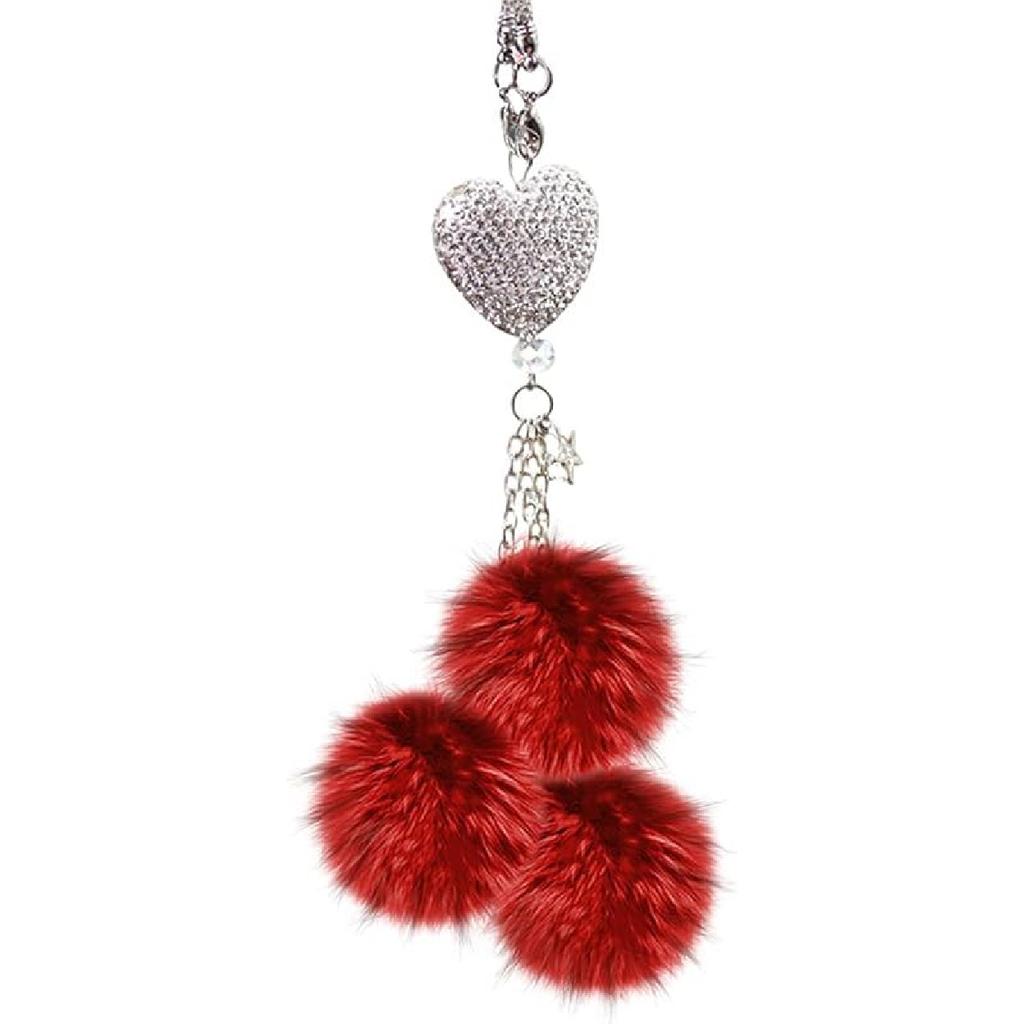 Bling Heart Rhinestones Diamond Car Accessories, Cute Love Heart Plush Ball Car Mirror Hanging Accessories Lucky Rearview Mirror Charms Decorations