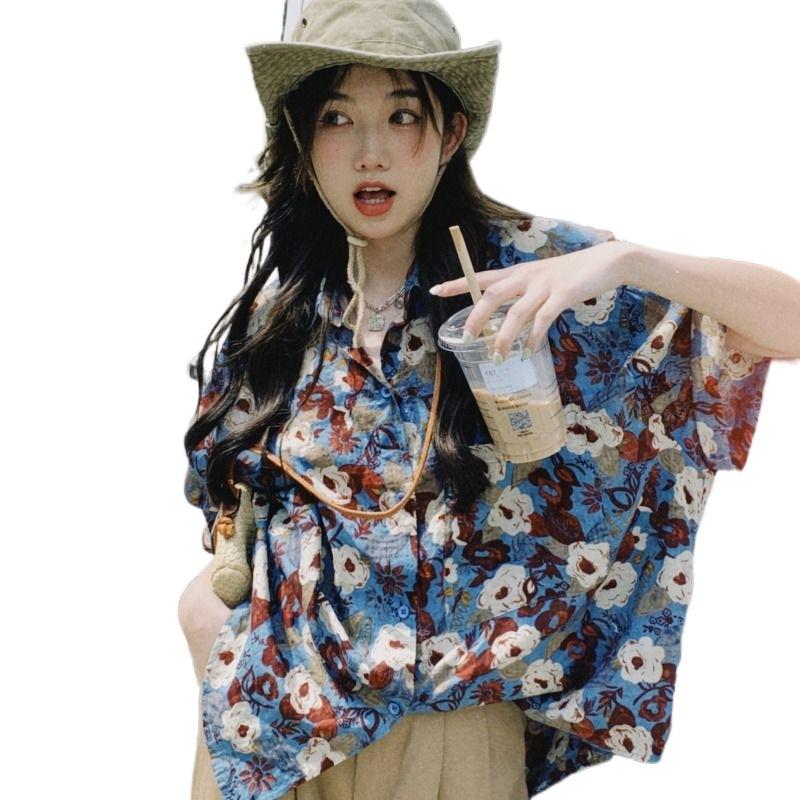 Ladies Summer Floral Short Sleeve Shirt Loose Beach Shirt