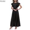 ZANZEA Women Casual Round Neck Ruffles Short Sleeve Loose Pleated Long Dress
