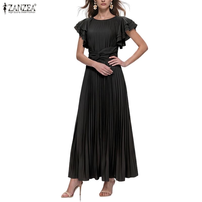 ZANZEA Women Casual Round Neck Ruffles Short Sleeve Loose Pleated Long Dress