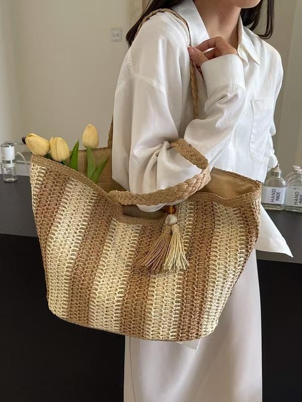 

New Single Shoulder Striped Woven Bag, Large Capacity Tote Bag, Women s Hand-held Woven Bag, Grass Bag, Beach Vacation Bag хакі