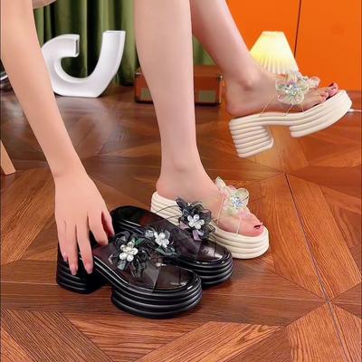 8CM Hohe Plateau-Slipper Damen 2025 Sommer Neu Dicksohlige Damen High Heels Blume Strand Sandalen Transparentes PVC Flip Flops
