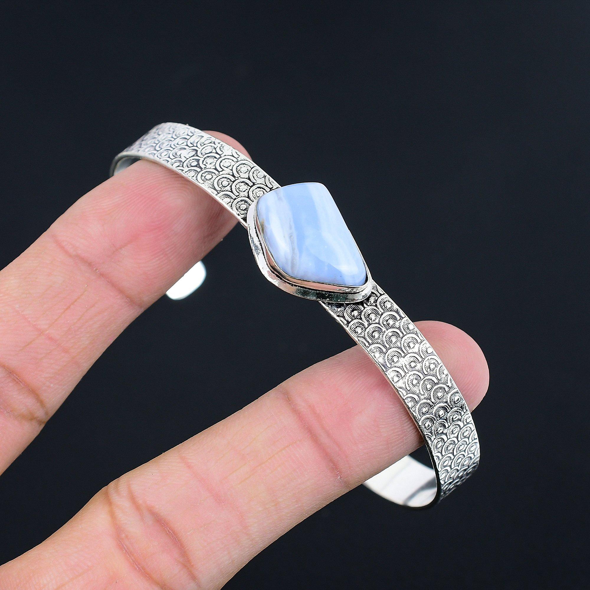 

Trillion Owyhee Blue Opal Gemstone 925 Silver Wife Art Deco Boho Bangle Jewelry Adjustable