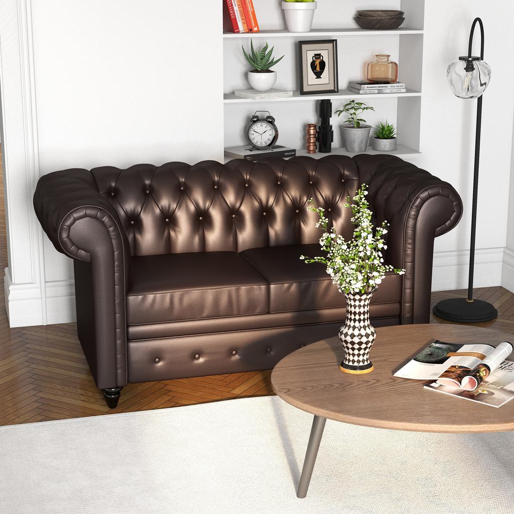 2-Seater Chesterfield-Style Sofa with Removable Cushion, In Faux Leather, Wood and Metal, 160x84x80 Cm, Brown