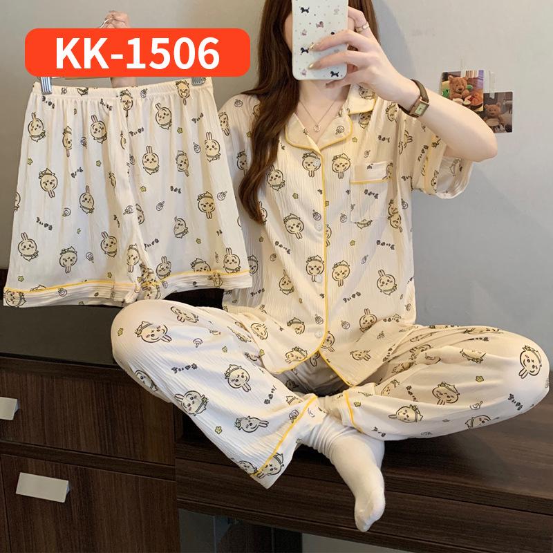 Sweet Striped Bow Print Korean Style Crinkle Pajamas Set for Women - Three-Piece, Short Sleeve Homewear.