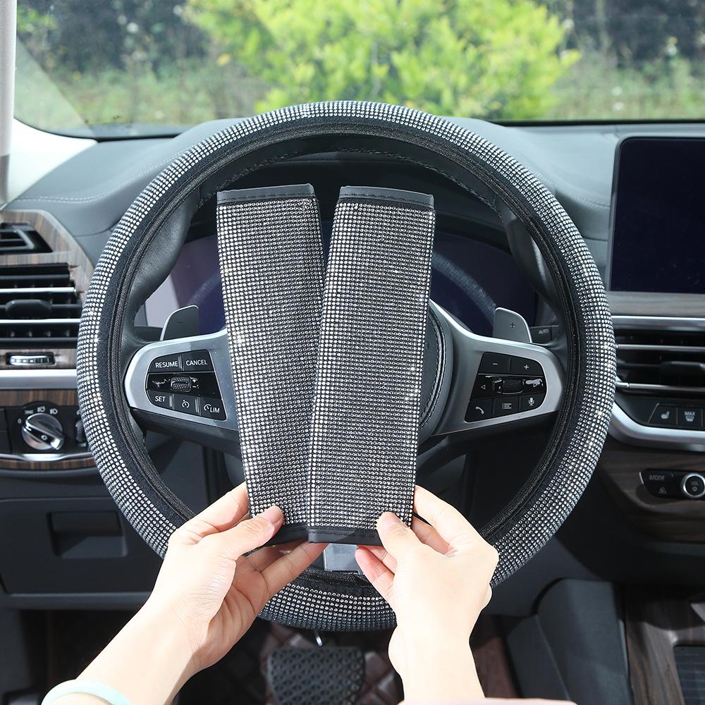 Colorful Rhinestone Steering Wheel, Seat Belt Pad, and Rearview Mirror Cover Set for All Seasons