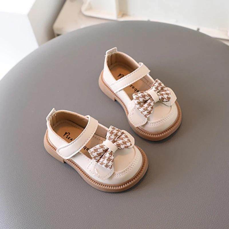Children's Shoe for Girl Spring Bowknot Kids Causal Versatile Leather Shoes Fashion Non-slip Toddler Princess Walking Flat Shoes