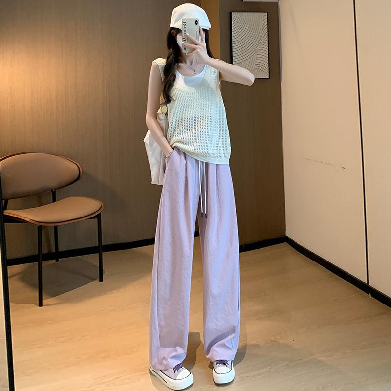 Women's High Waist Wide Leg Pants Trousers Summer Casual Japanese Korean Style Drawstring Pocket Ice Silk Textured Drape Long Trousers