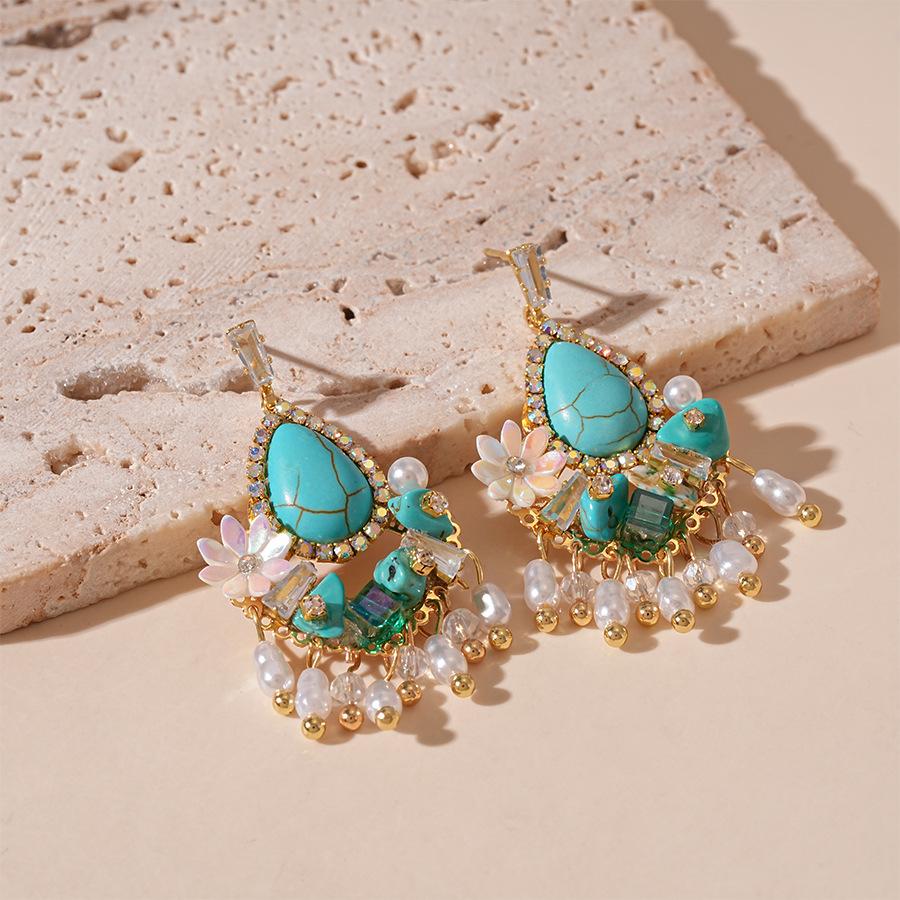Simulation Pearl Turquoise Drop Earrings for Women Bohemian Ear Studs Party Accessory