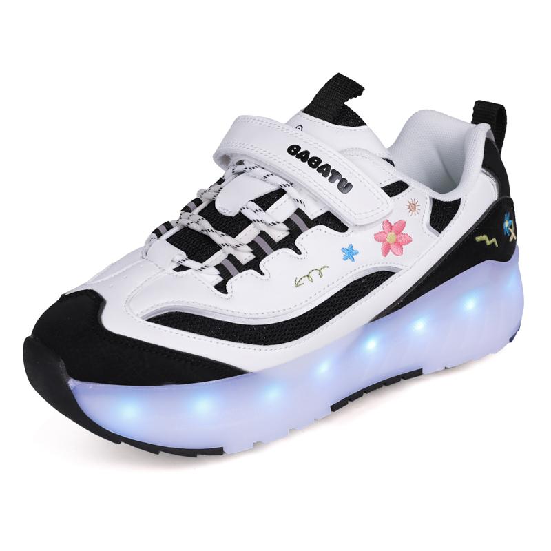 

Детские четырехколесные съемные плоские спортивные туфли перезаряжаемые светодиодные светящиеся спортивные туфли четырехколесные роликовые коньки 36 белый/чёрный