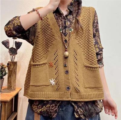 Sweater Vests Women Elegant Knitting Loose Autumn Hollow Out Embroidery All-match Fashion English Style Sleeveless