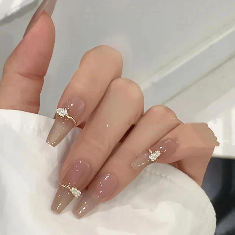 10Pcs Handmade Cat Eye Gradient Long Coffin Stiletto Press On Nails With Glitter Diamond Pearl Flower Bowknot Decorations