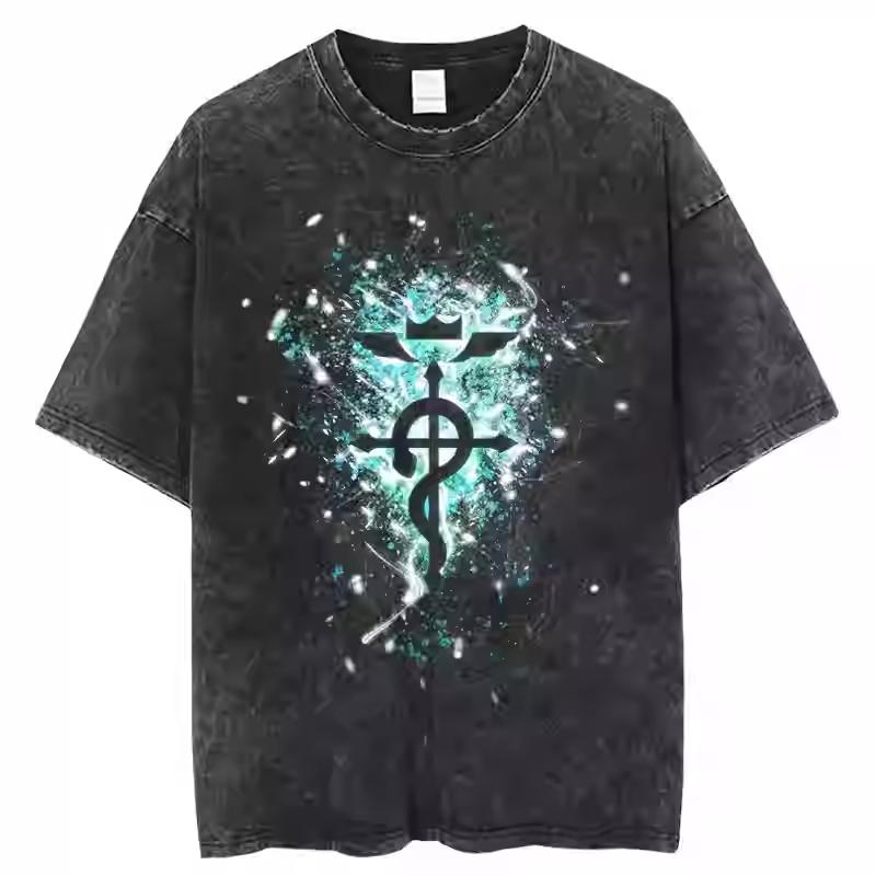 Anime Fullmetal Alchemist Brotherhood Cornice Gotica Fratelli Stampa Grafica T-Shirt Uomo Donna retro Lavato Girocollo Cotone Oversize streetwear moda Top