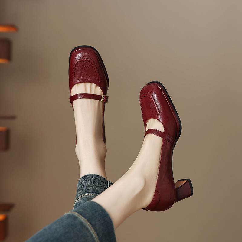 Krazing Pot Sheepskin Square Toe Size 40 High Heels Metal Buckle Decoration Fashion Gladiator Autumn Pumps