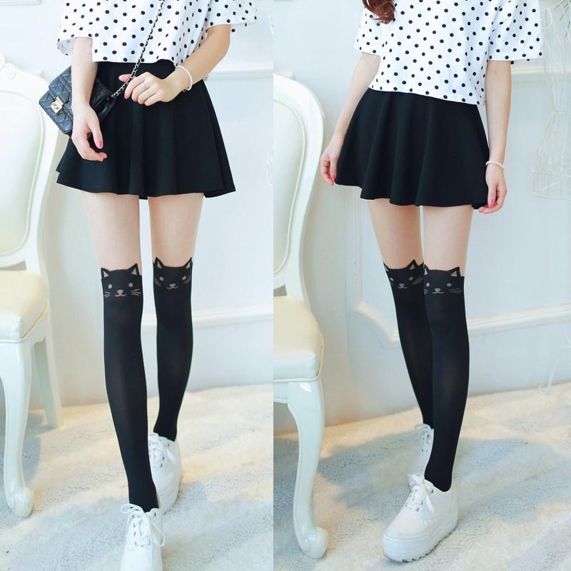 Sexy Women for Cat Tail Faux Thigh High Hosiery Pantyhose Tattoo Tights Japanese Cartoon Pattern Black Stockings Hosiery