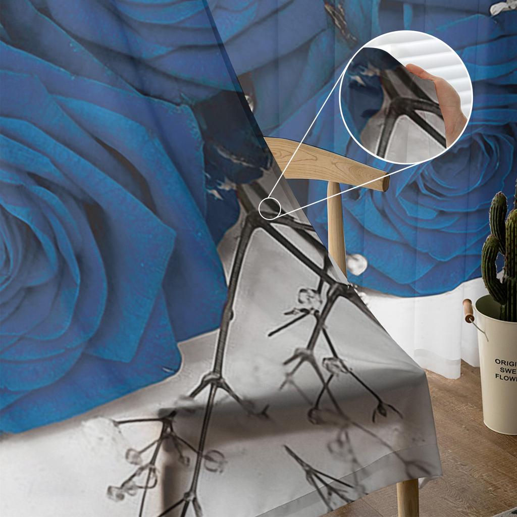 Blue Rose Flower Tulle Curtains for Living Room Printed Sheer Voile Curtain Bedroom Window Screening Drapes Blinds Home Decor