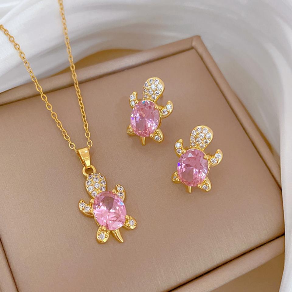ZAKOL Stainless Steel Pink Sweet Cute Animal Crystal Tortoise Necklace Earring Set Women Girls Exquisite Jewelry Sets Gift