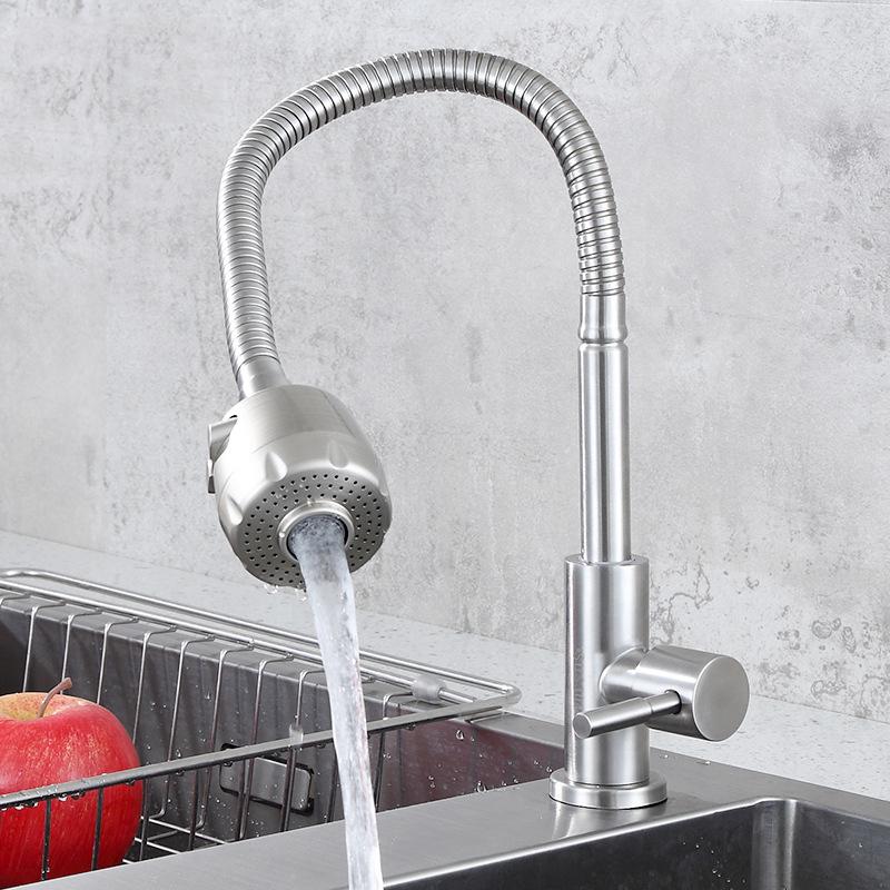 Modern 304 Stainless Steel Single Cold Water Kitchen Faucet with Flexible 360 Swivel Spout Anti-splash Design Brushed Finish