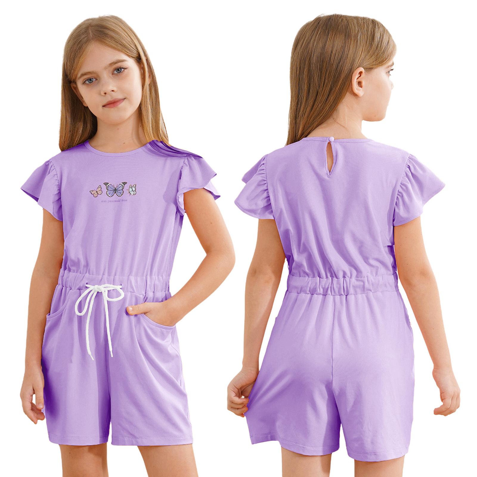 

Детские летние повседневные наряды для девочек, комбинезоны с принтом бабочек, одежда для отдыха на выходных и каникулах 5-6 Years фиолетовый