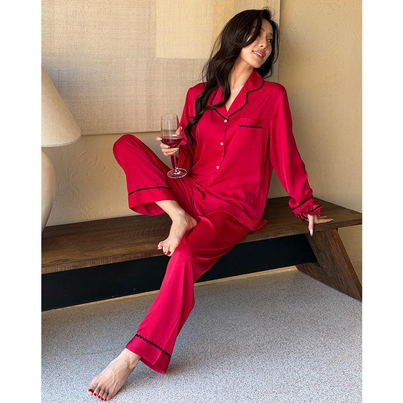 1011 pajamas women's new high-end lace simple long-sleeved pajamas lapel cardigan loungewear set