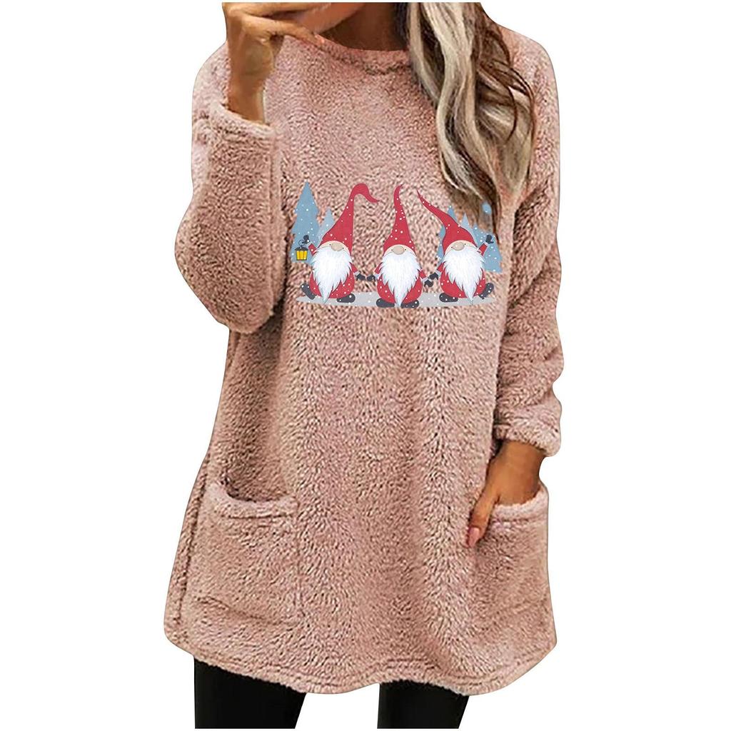 European & American Women's Christmas Gnome Print Plush Hoodie - Round Neck, Loose Fit, Long Sleeve, with Pockets