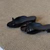 2025 New French Patent Leather Black Bow Sandals Women's Versatile Simple Low-heeled Casual Open-toed Slippers