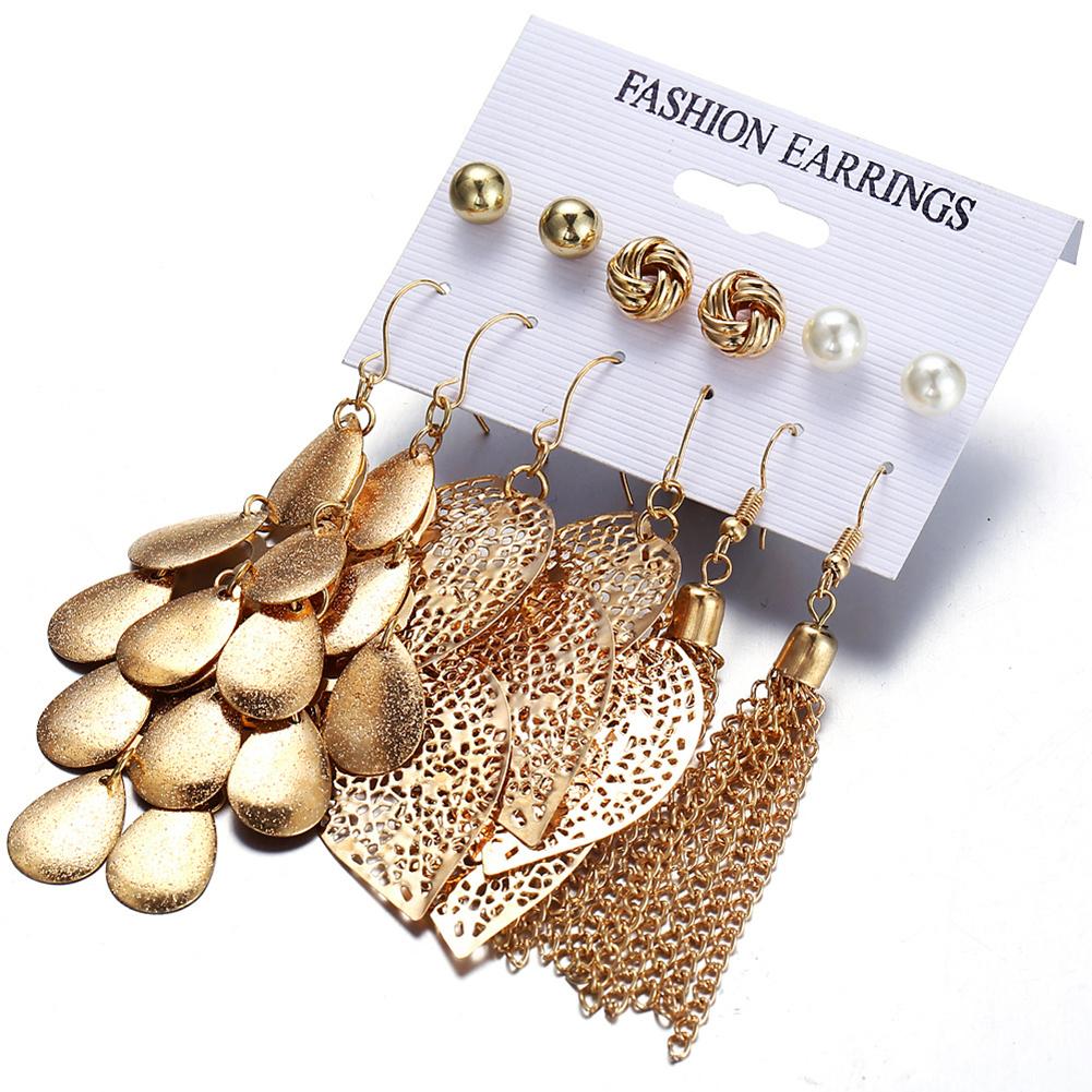 6 Pairs Bohemia Style Golden Jewelry Set Vintage Leaves Long Tassel Stud Earrings Set for Women