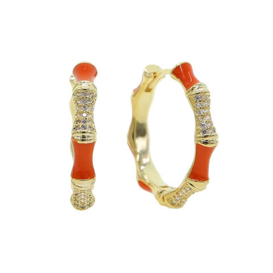 Seven Colorful Orange Green Black Enamel Hoop Bamboo Bone Hoop Earring Jewelry Paved Mini Cubic Zirconia Earring