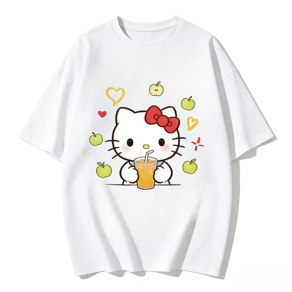 2026 New Summer HelloKitty Cute Graphic Tee Casual Short Sleeve Cotton Top for Women Girls Kawaii Cartoon Print Streetwear