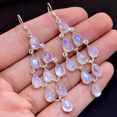 Natural Moonstone 925 Sterling Silver Handmade Fine Jewelry Reiki Women Dangle Earring
