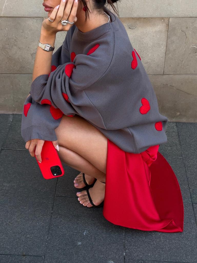 Früher Herbst Lässiger Stil Drapierter Rundhalsausschnitt Langarm Damen Wollpullover Herzfarbe Basisschicht Oberteil Herbst