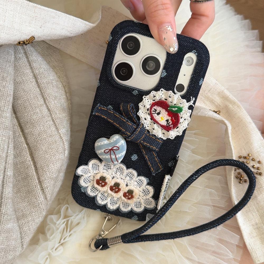 Denim Lace Kitty Kitten Mobile Phone Case for Apple 17/16PRO Cartoon Retro Case iPhone15/14P