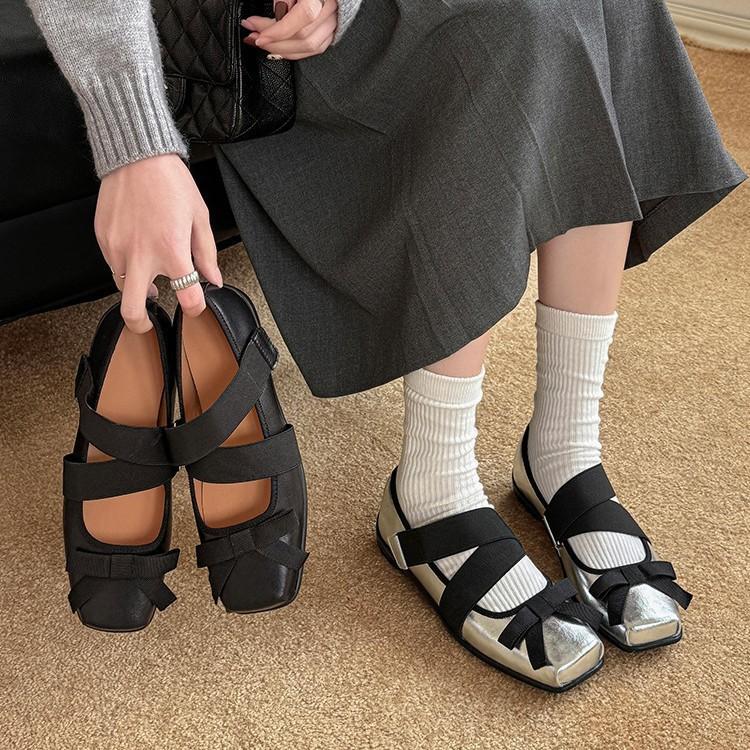 Sheepskin Version~ Sports Style Retro Silver Square Head Ballet Shoes Bow Strap Flat Mary Jane Single Shoes Women