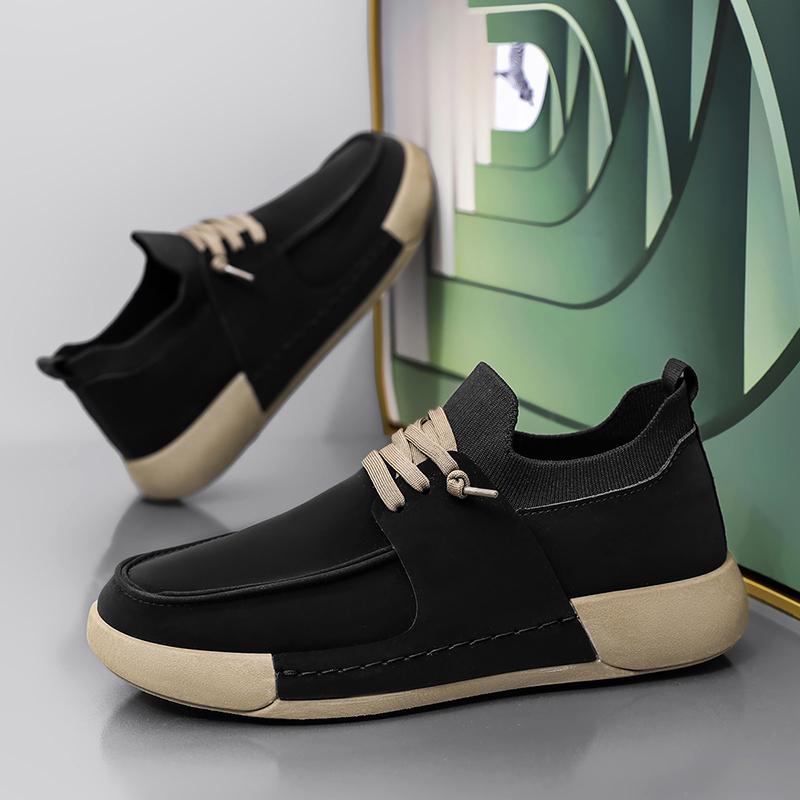 Leather Casual Shoes Men  New Lace-up Thick Sole Casual Sneakers Versatile Leather Muffin Shoes Elevated Male Board Footwear