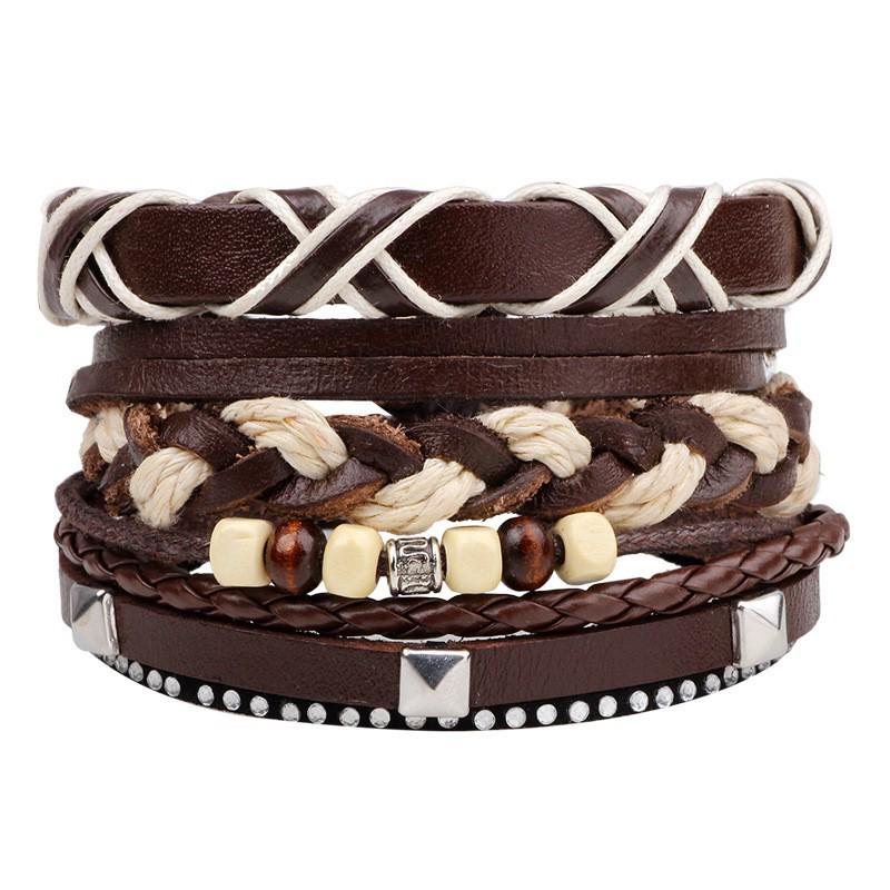 Men's Retro Multi-Strand Cowhide Anchor Bracelet Set with Wood Beads
