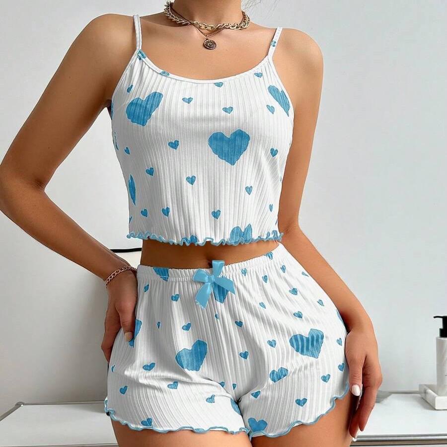 

Женский пижамный комплект из рубчатого трикотажа с принтом сердечек - майка и шорты, европейский и американский стиль Large белый/синий
