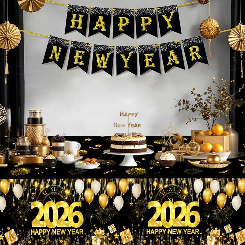 Black Gold New Year Disposable Tablecloth Happy New Year Party Decorations for Home 2026 Kitchen Dinning Plastic Table Cover