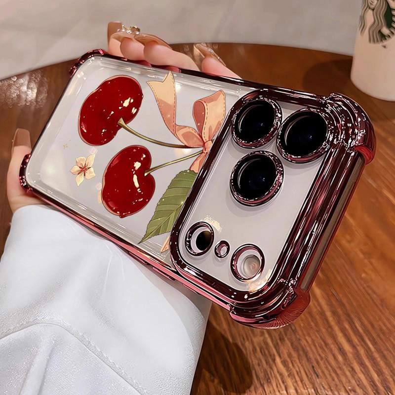 Cherry Floral Bow Pattern Electroplated Shockproof Phone Case For Samsung Galaxy S23 S24 S25 S26 Ultra S22 S21 Plus FE Cover