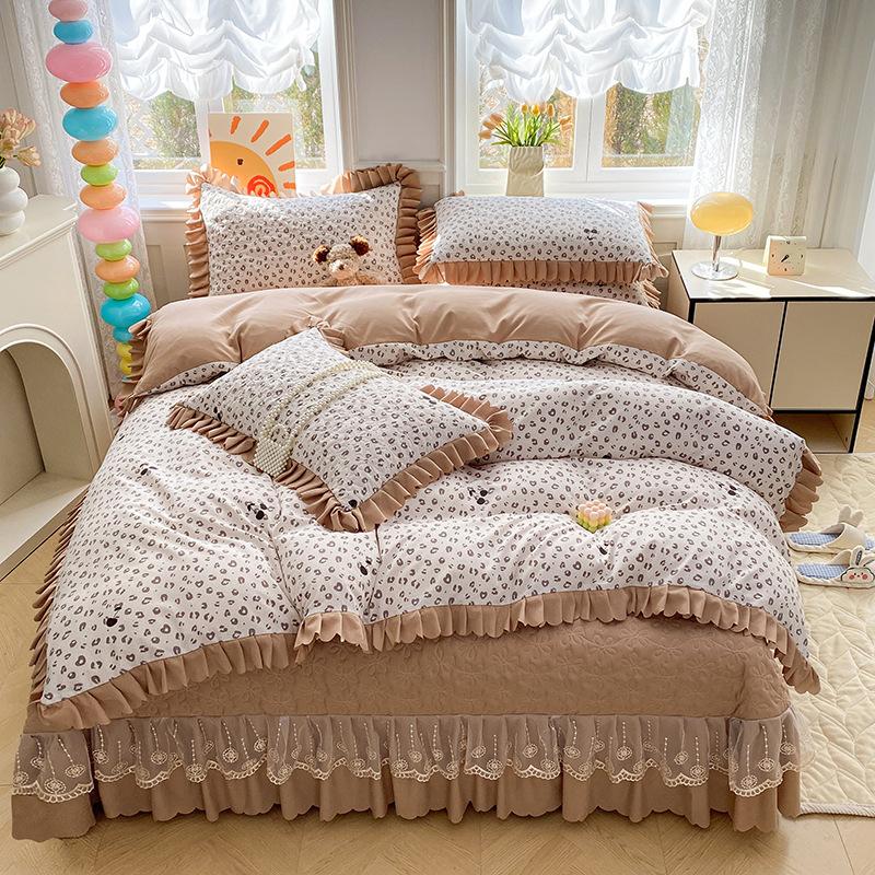 Pure Cotton Double-layer Yarn Quilt Cover Bed Skirt Lace Single-piece Three-piece Four-piece Set Four-season Universal Bed Sheet Quilt Cover