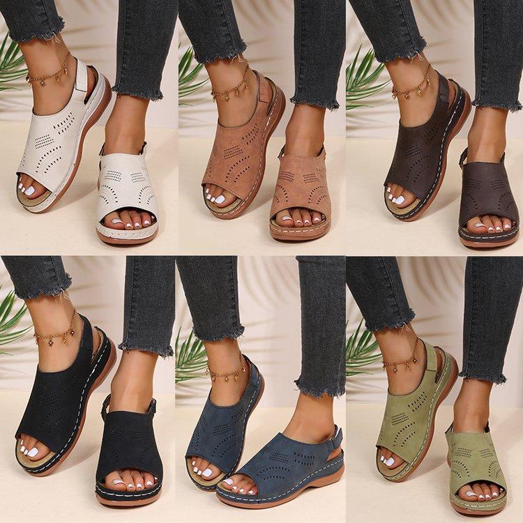 Women's Shoes Spring and Summer New Cut-out Back Buckle Fish Mouth Retro Ethnic Style Casual Large Size Solid Color Sandals In Stock