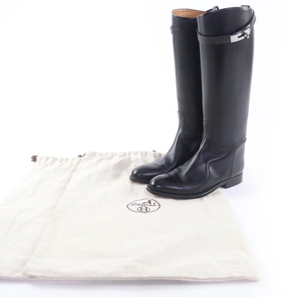 Tolle HERMES Kniehohe Stiefel Kelly Metall Leder Reitstiefel schwarz Damen 36 Gebraucht