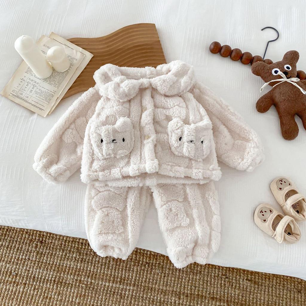 Pysjamas for barn, høst og vinter, fortykket fleece-barnesett Lapel Xiao Xiong Shu bomullsfleece til barneklær