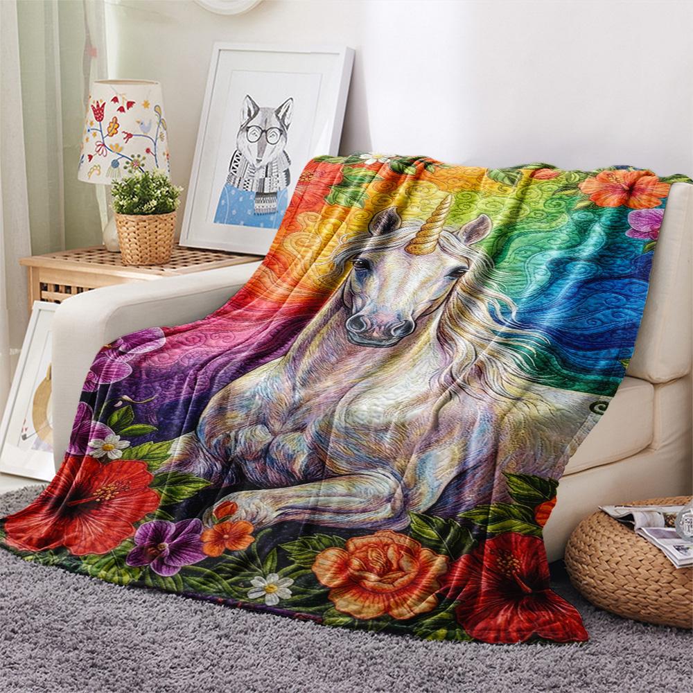 1PC Rainbow Unicorn Art Print FlAannel Blanket, High quality Comfortable for All Seasons, Home Decor, Warmth and Comfort
