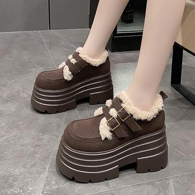 Aphixta Damen 10cm Plateau Winterstiefel Kamel Klettverschluss Fellig Warm Damenschuhe Dicke Sohle Stiefel Kuhveloursleder Freizeit Schuhe
