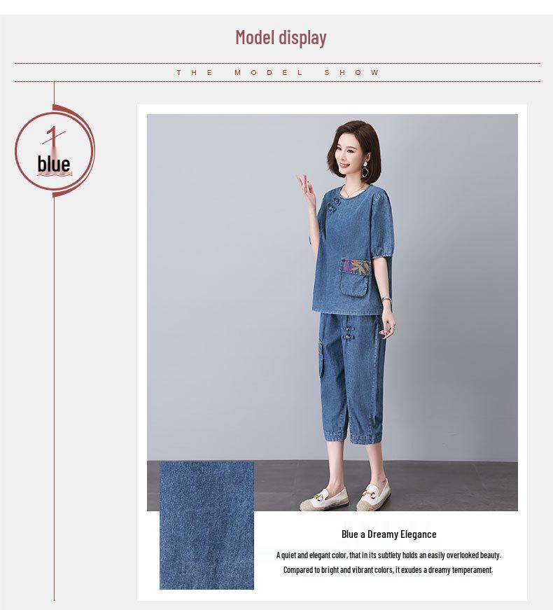 Mámin letní džínový set: Top s krátkým rukávem a kulatým výstřihem & Sedmibodové kalhoty pro ženy středního a staršího věku