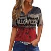 Women's Casual Halloween Print V Neck Button Front Three Quarter Sleeve T Shirt Top for Everyday Wear