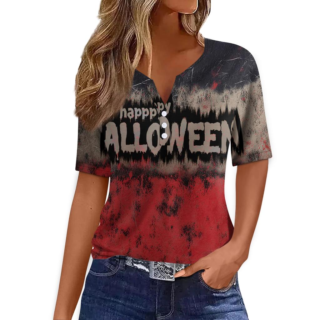 Women's Casual Halloween Print V Neck Button Front Three Quarter Sleeve T Shirt Top for Everyday Wear
